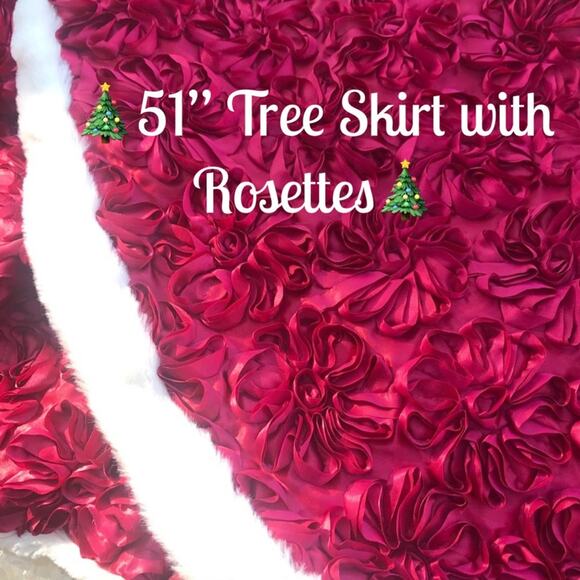 CHRISTMAS TREE SKIRT Burgundy Rose Floral Covered Tree Skirt White Faux Fur Edge - Picture 4 of 12